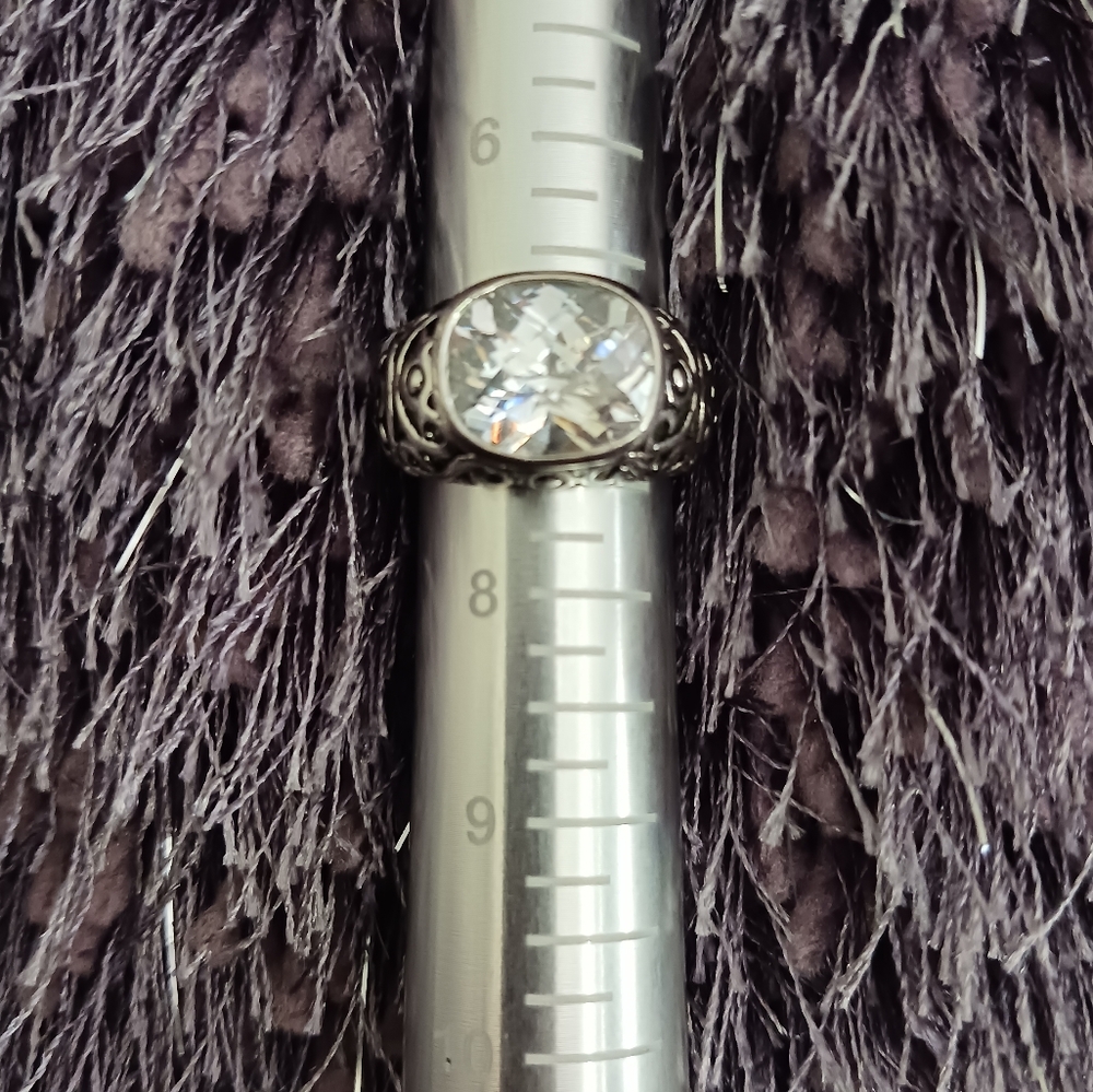 Premiere Designs Sterling Scroll Ring w/ Clear Crystal Stone, Size 7